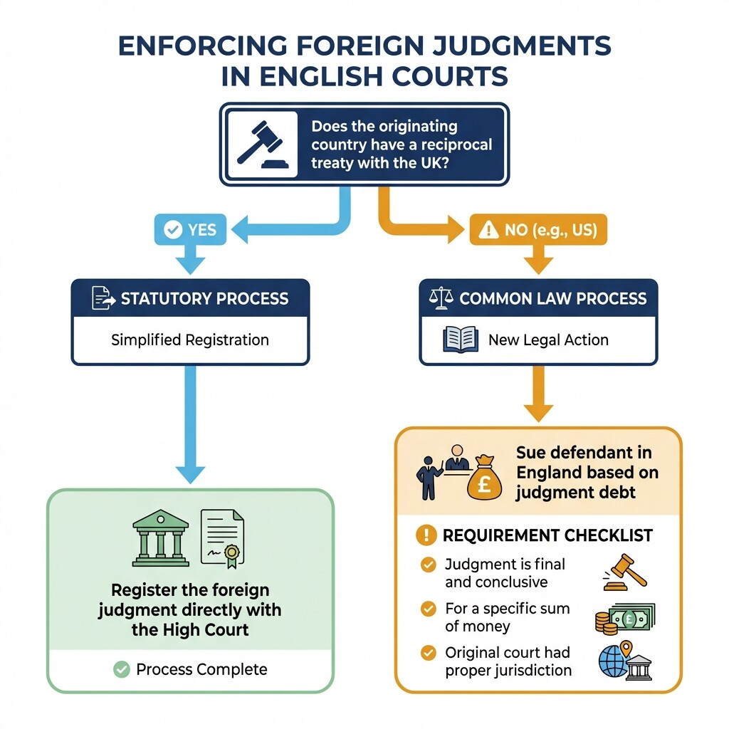 Decision tree for enforcing foreign judgments in UK courts based on treaty status