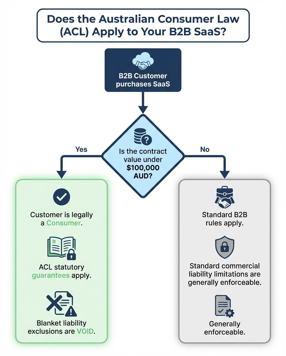 Flowchart determining if a B2B SaaS customer qualifies as a consumer under Australian Consumer Law