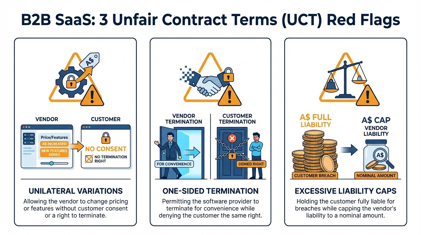 Infographic highlighting three common unfair contract terms in Australian B2B agreements