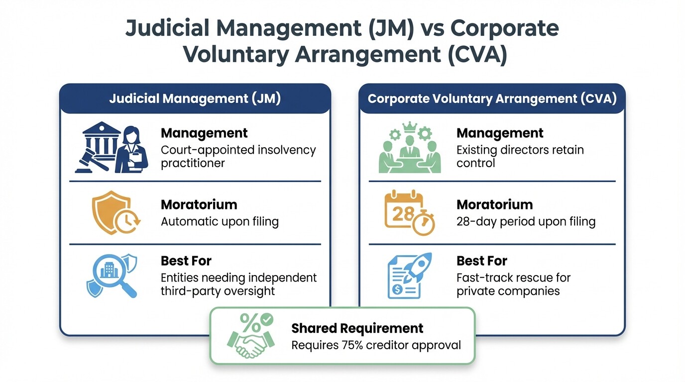 Comparison chart showing differences between Judicial Management and Corporate Voluntary Arrangement mechanisms