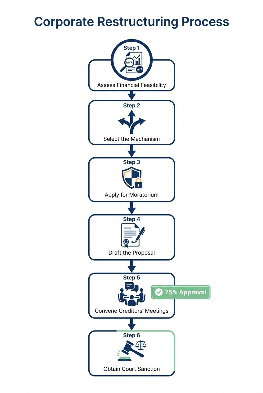 6-step roadmap infographic outlining the corporate restructuring process in Malaysia