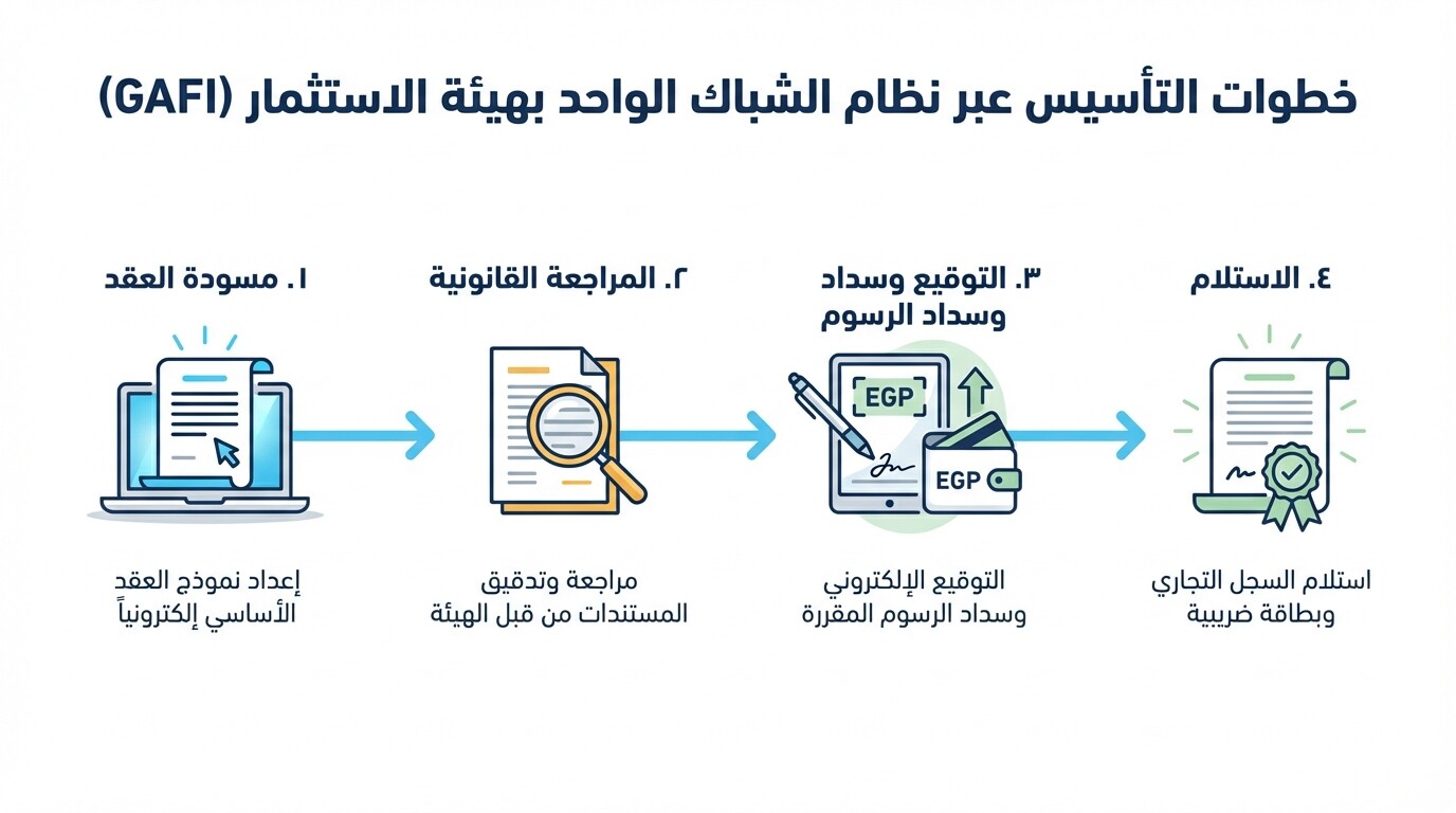 إنفوجرافيك يوضح الإجراءات الأربعة لتأسيس شركة في هيئة الاستثمار المصرية