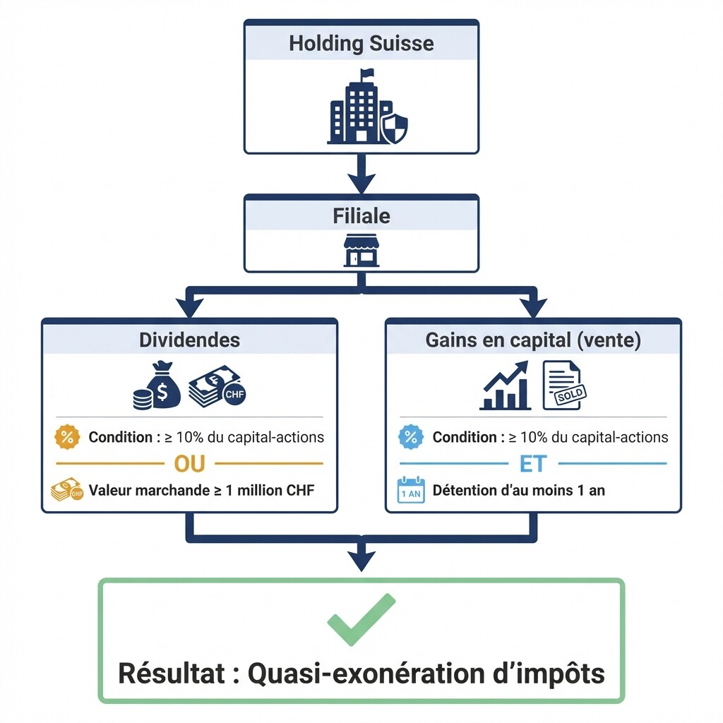 Diagramme des conditions d'exonération fiscale pour les dividendes et gains en capital d'une holding suisse