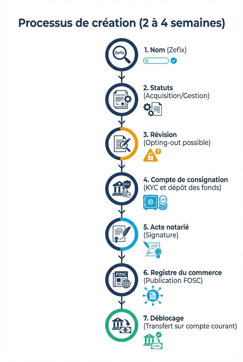 Infographie des 7 étapes de création et d'enregistrement d'une holding en Suisse