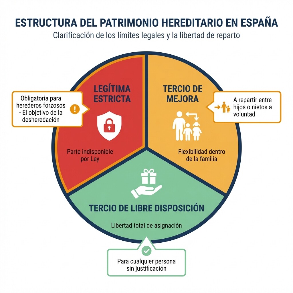 Gráfico de los tres tercios de la herencia en España: legítima estricta, mejora y libre disposición