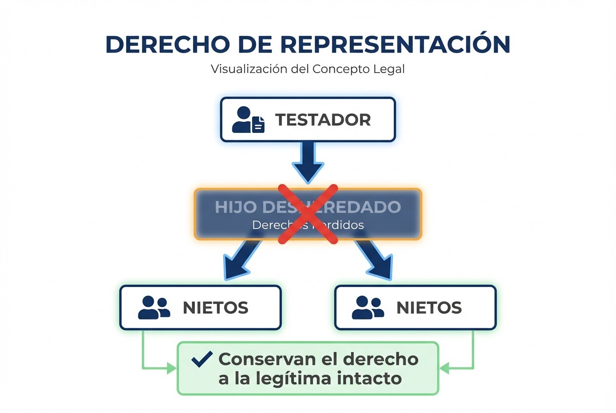 Diagrama del derecho de representación familiar donde los nietos heredan la parte del hijo desheredado