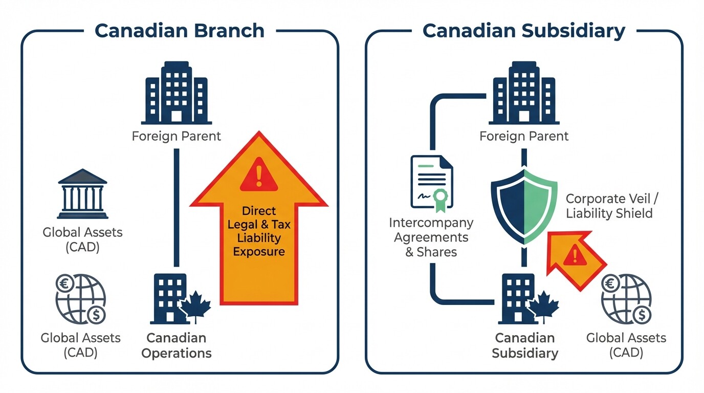 Diagram comparing liability exposure and legal structure between a Canadian branch and a Canadian subsidiary