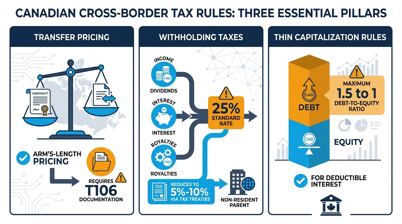 Infographic summarizing Canadian transfer pricing rules, withholding tax rates, and thin capitalization limits