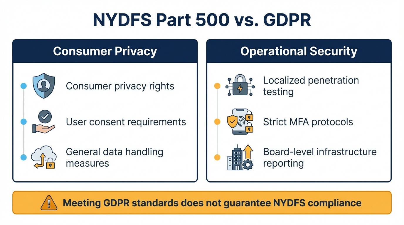 Comparison showing GDPR's focus on consumer privacy versus NYDFS Part 500's focus on operational security