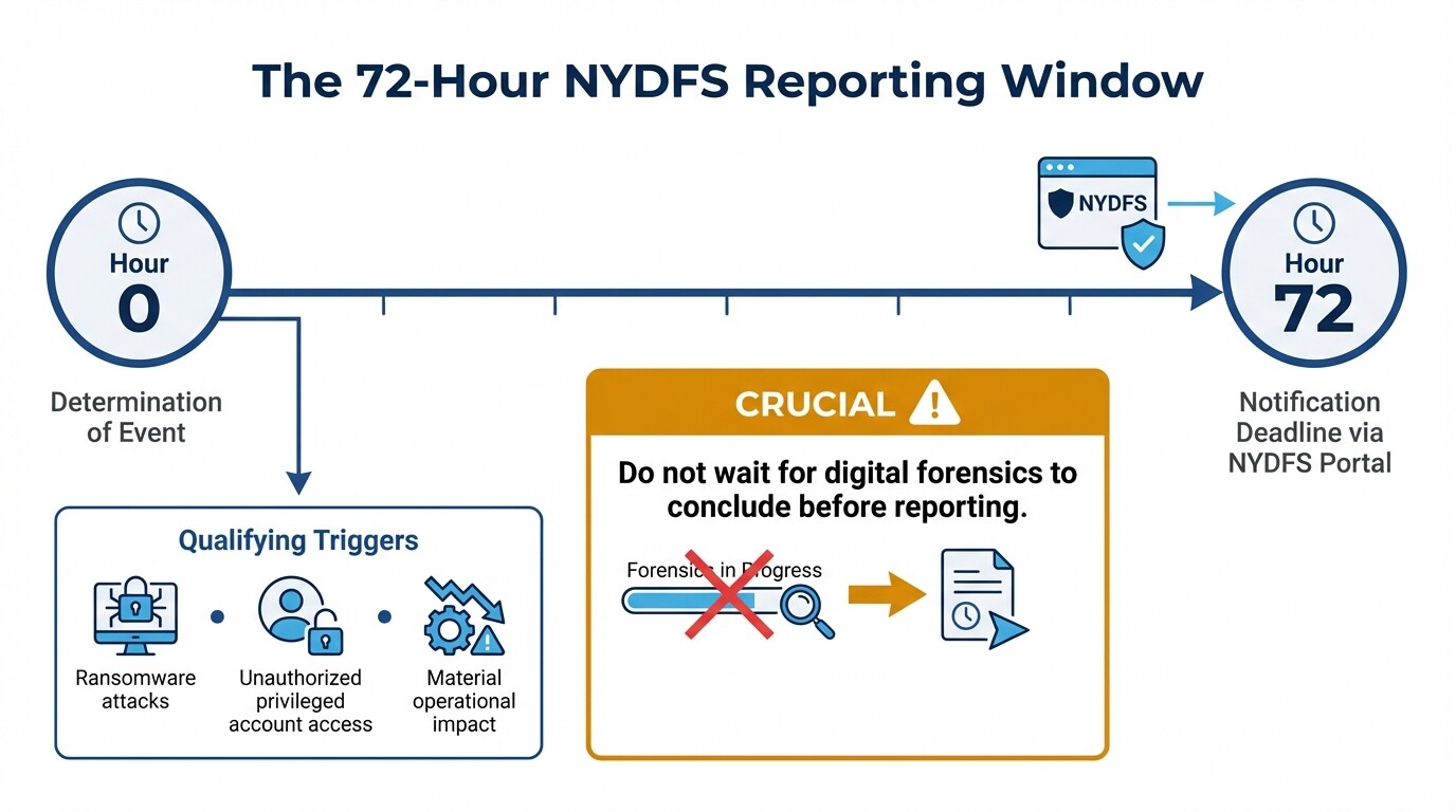 Timeline infographic showing the 72-hour NYDFS cybersecurity reporting rule and event triggers
