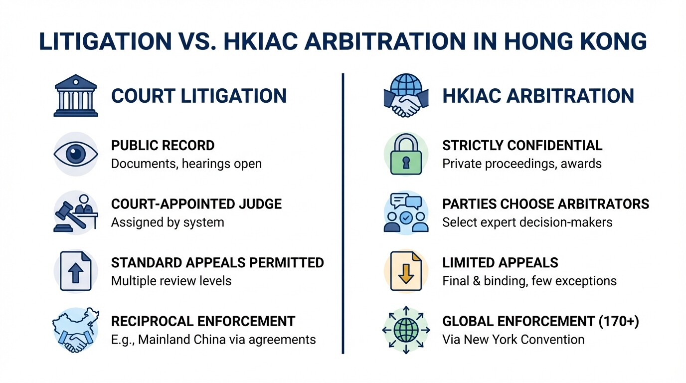 Comparison chart showing differences between Hong Kong court litigation and HKIAC arbitration