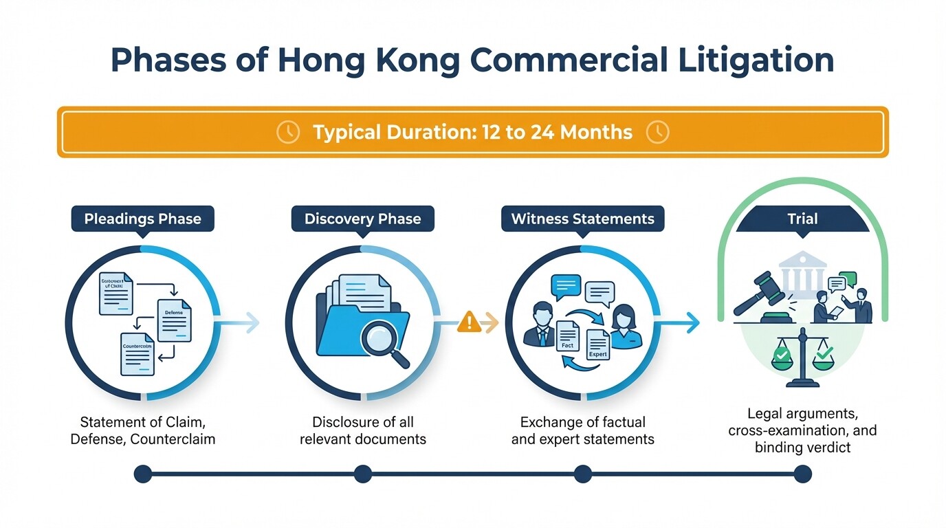 Four step timeline of the Hong Kong commercial litigation process from pleadings to trial
