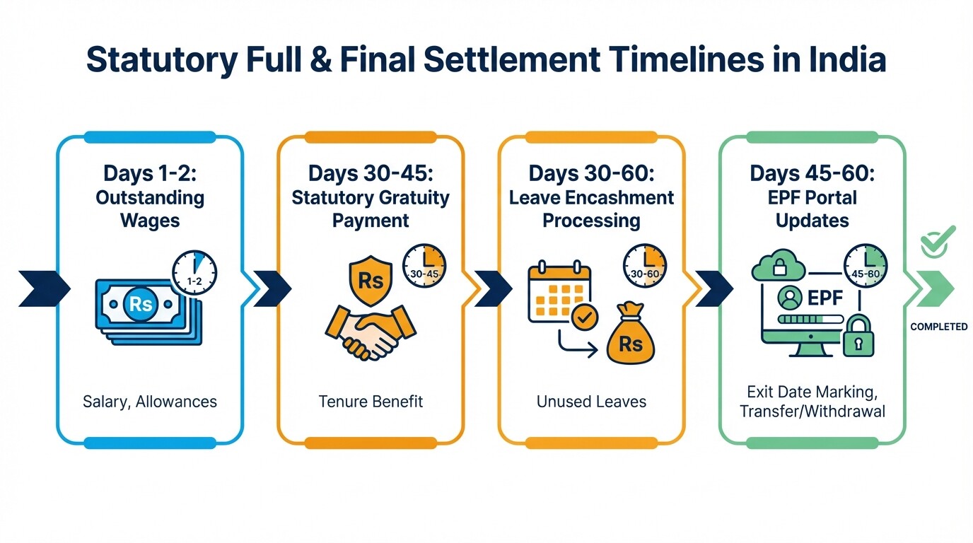 Timeline infographic showing statutory severance and final settlement deadlines for departing employees in India