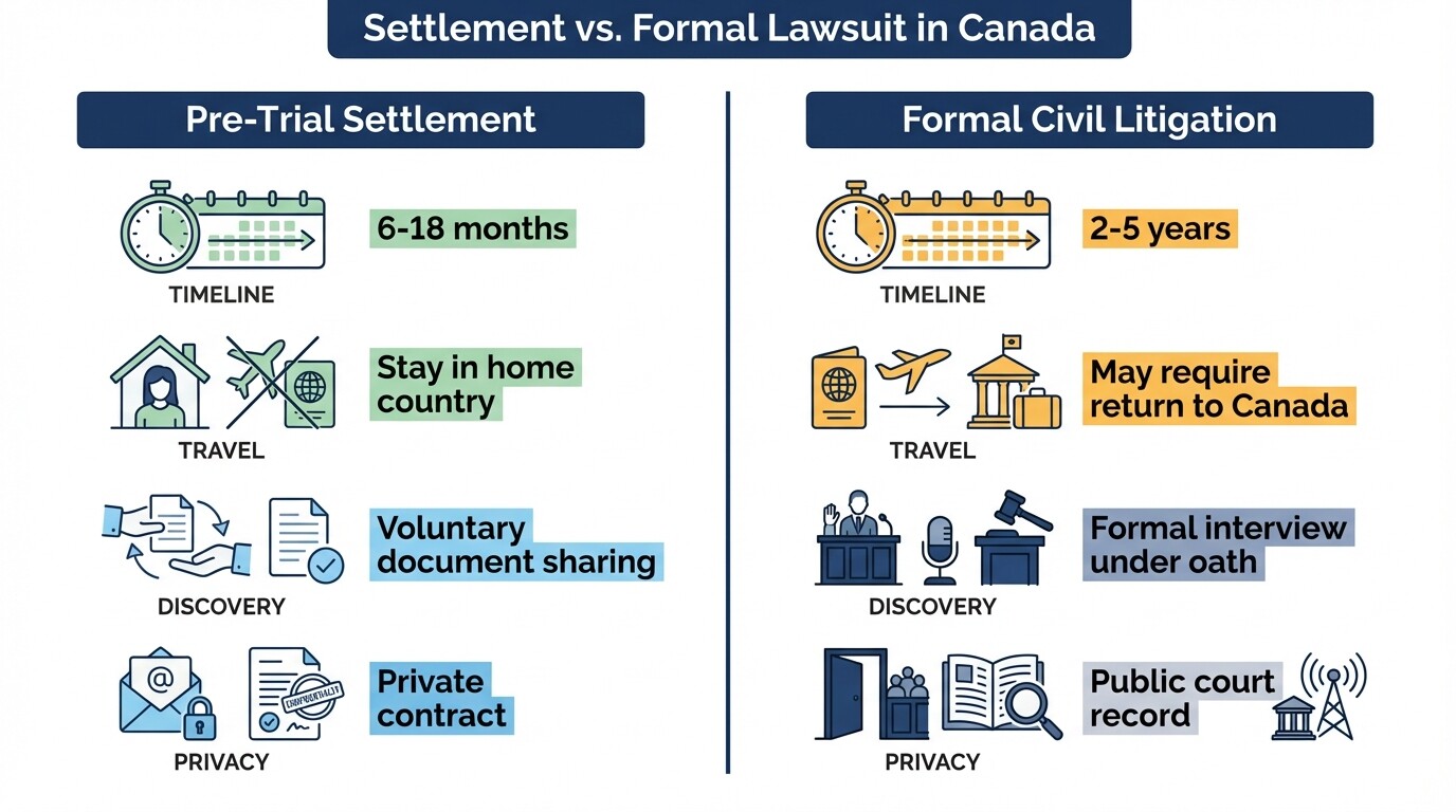 Comparison of pre-trial settlements vs formal civil litigation in Canadian injury claims