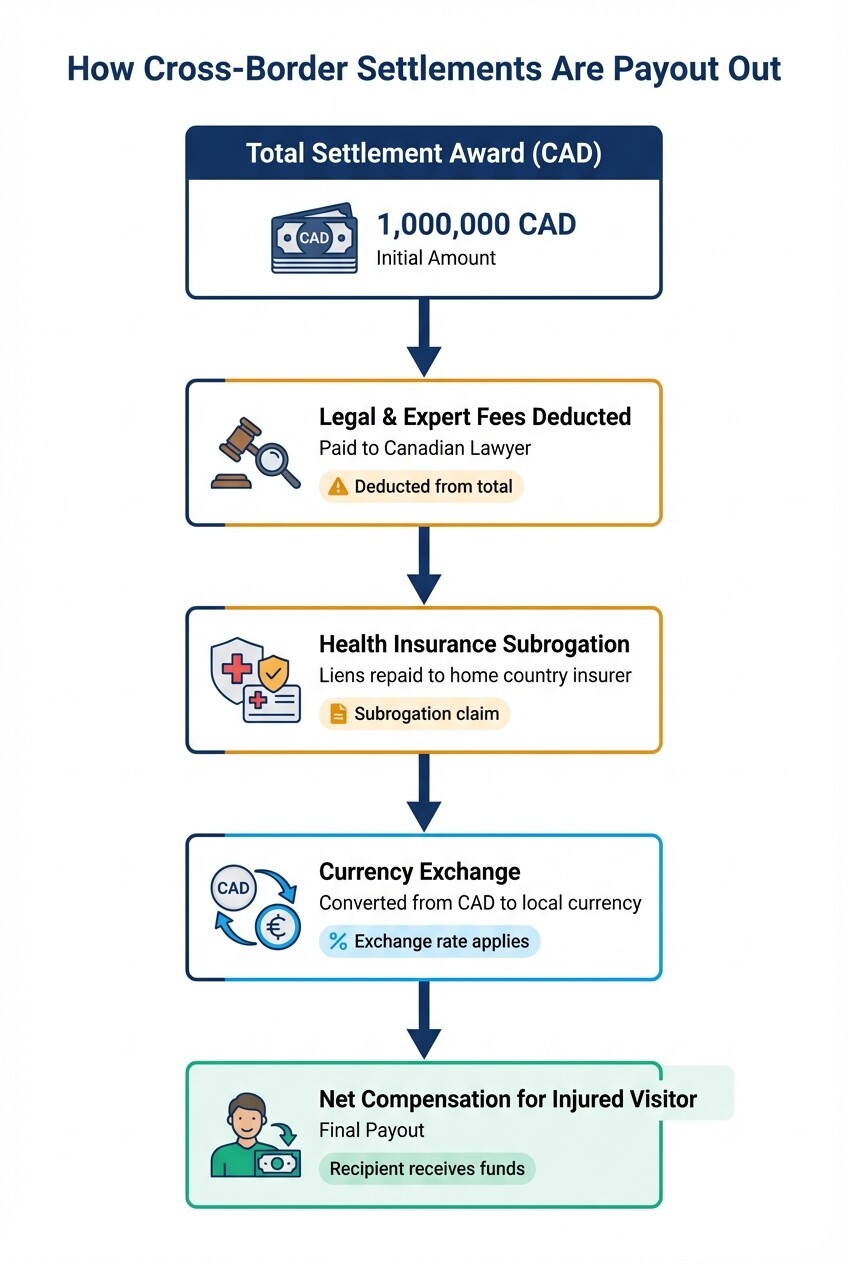 Flowchart diagram showing how Canadian injury settlements are distributed across borders