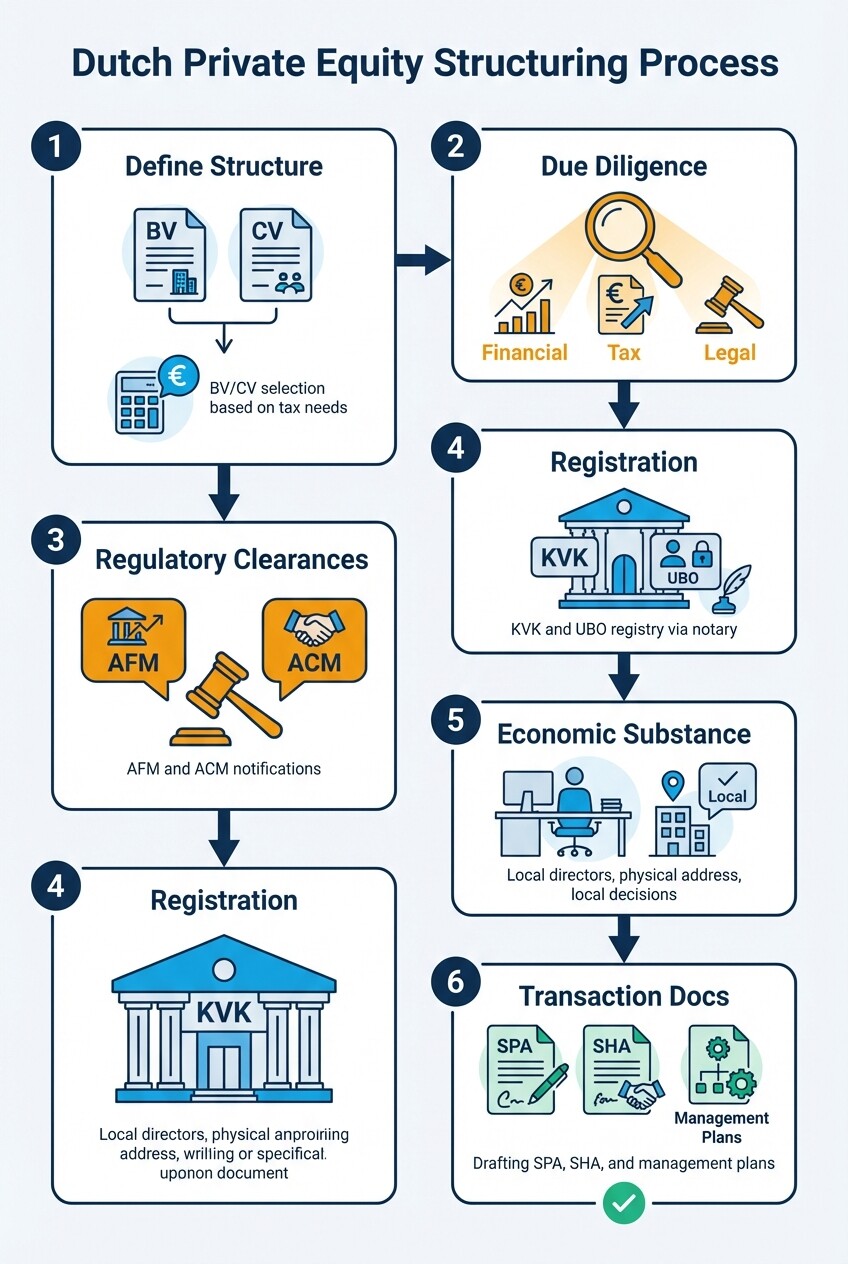 Infographic showing the 6-step private equity structuring process in the Netherlands