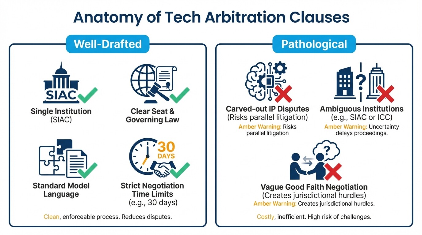 Comparison chart showing well-drafted versus pathological arbitration clauses