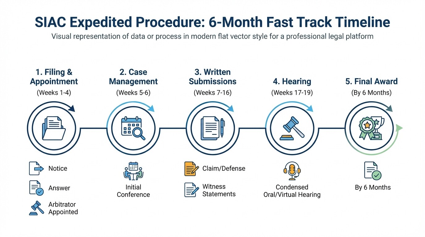 Timeline infographic showing the 6-month SIAC Expedited Procedure phases