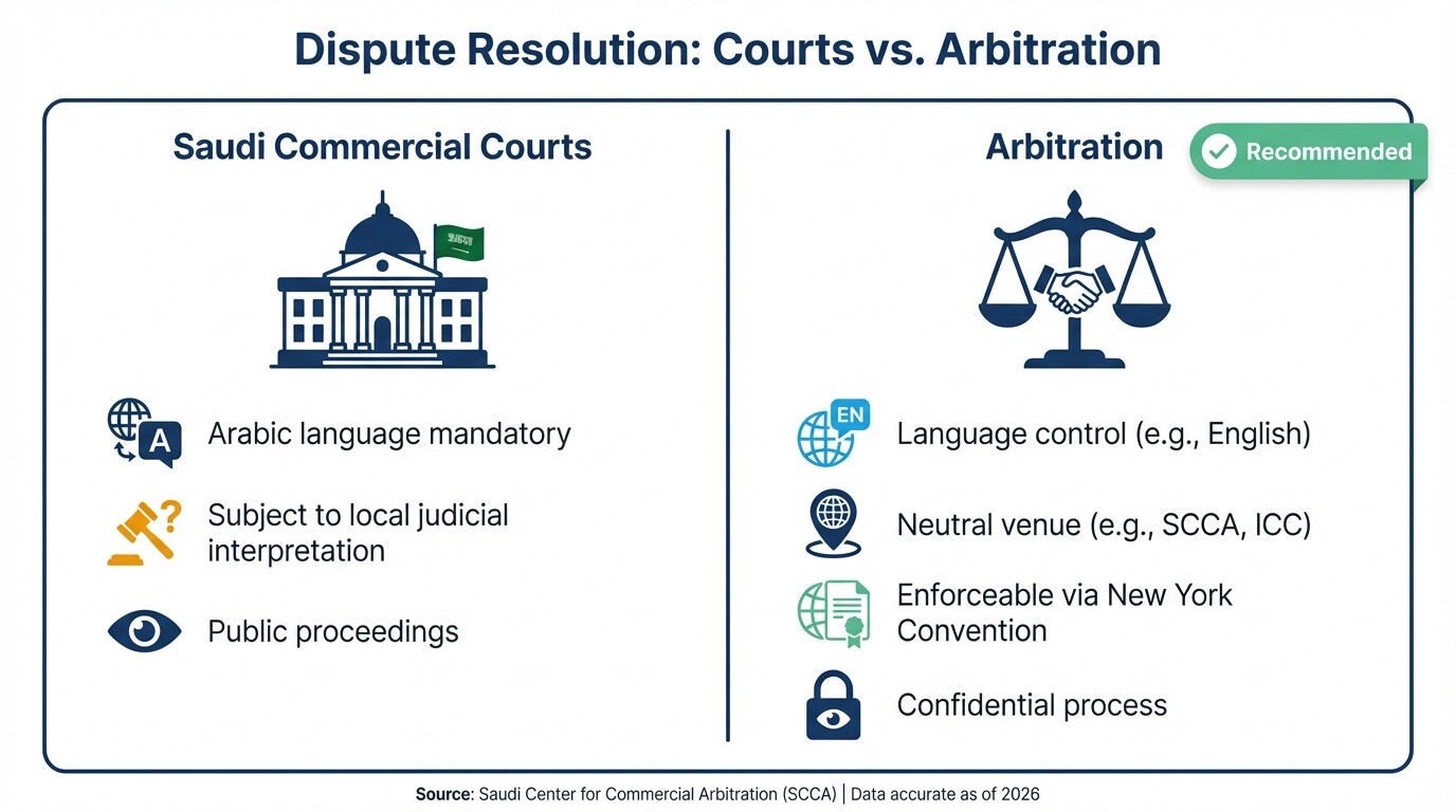 Comparison chart of litigation in Saudi commercial courts versus arbitration for contract disputes