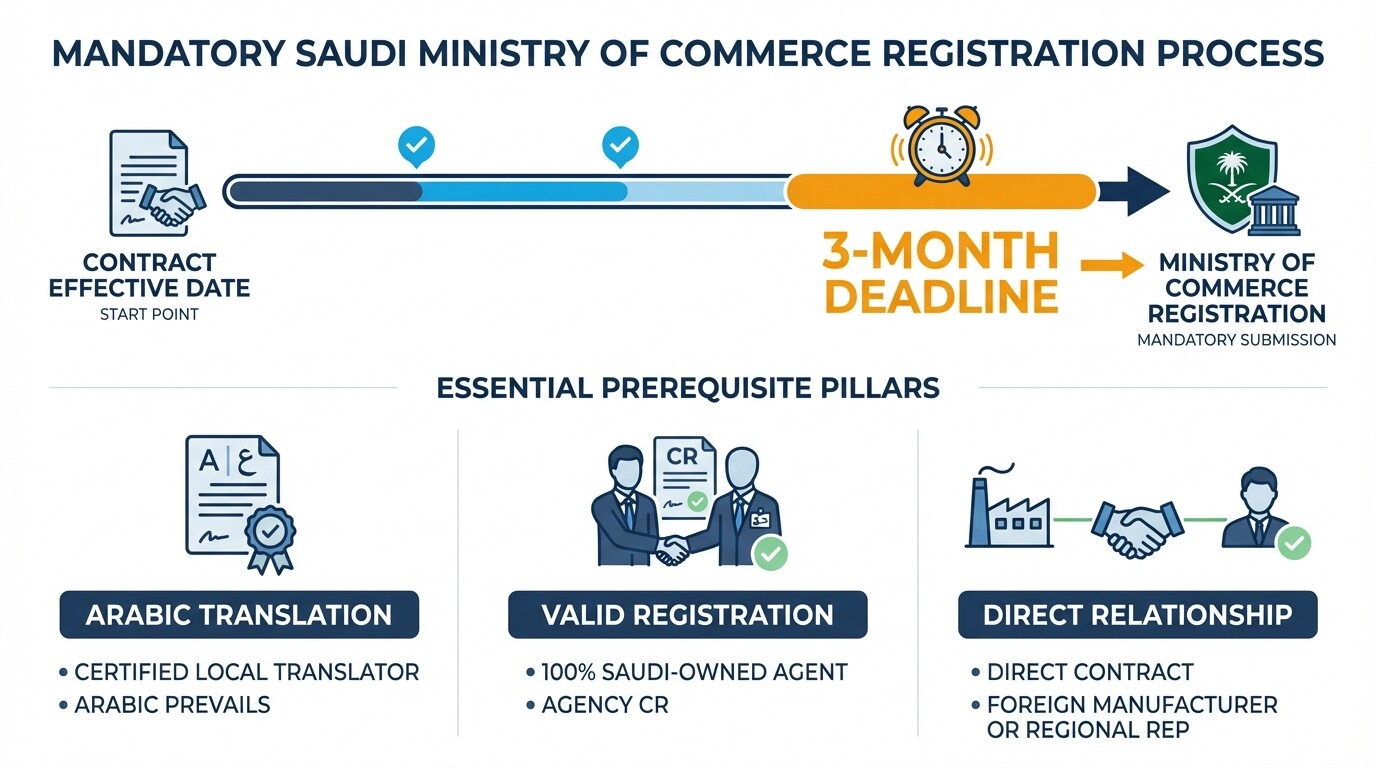 Infographic showing the 3-month timeline and 3 key requirements for registering Saudi agency agreements