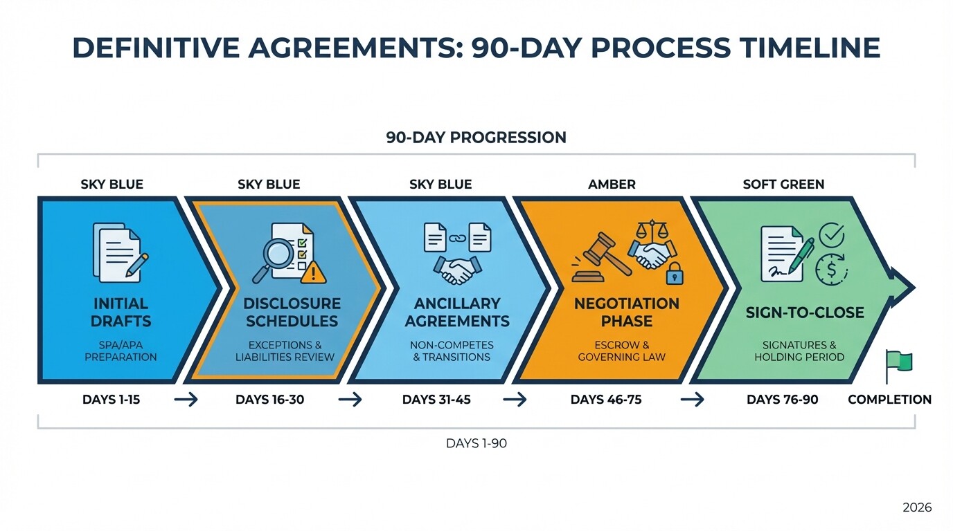 90-day timeline outlining the 5 stages of drafting M&A definitive agreements