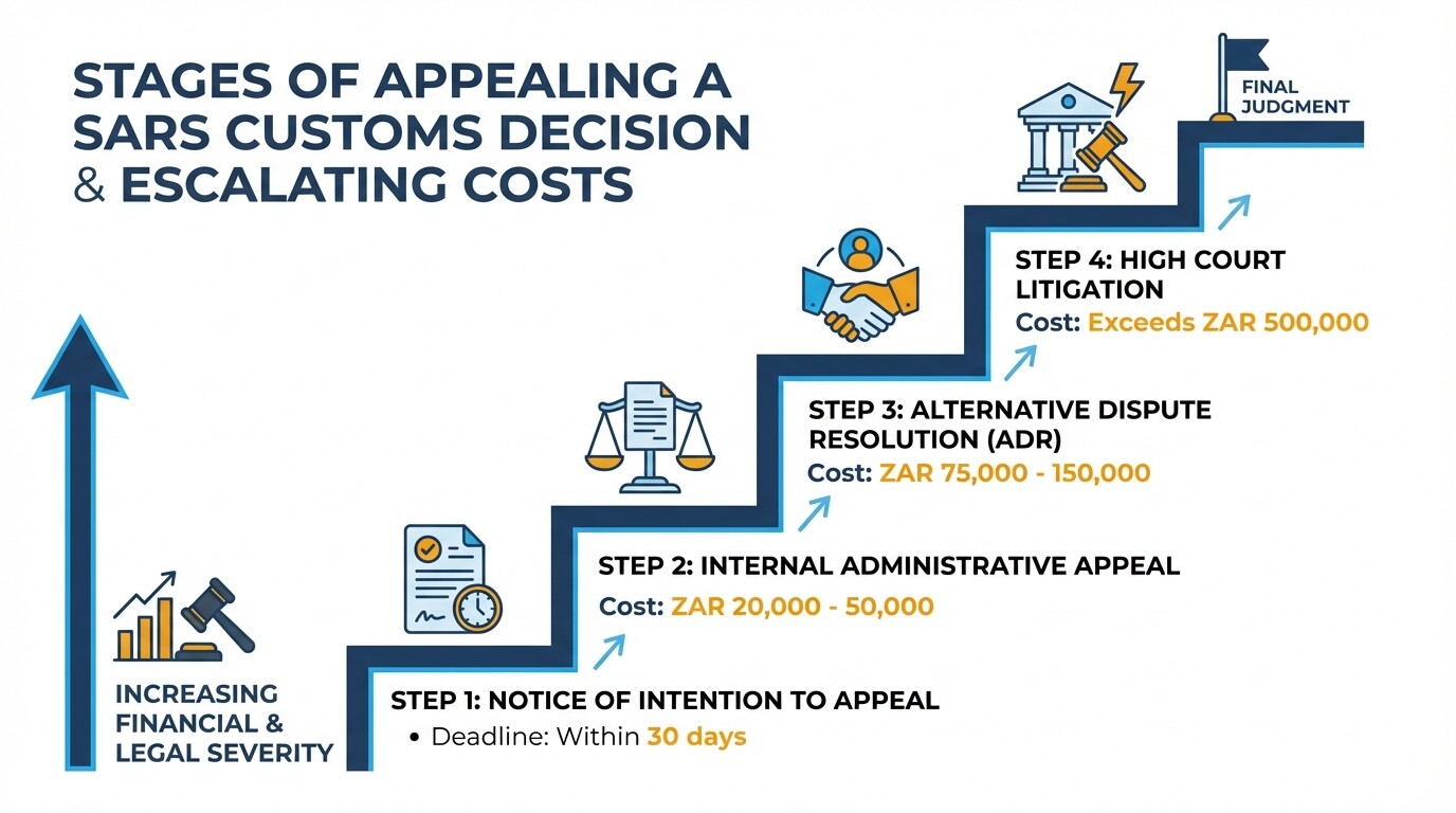 Infographic showing the stages and escalating costs of appealing a SARS customs decision