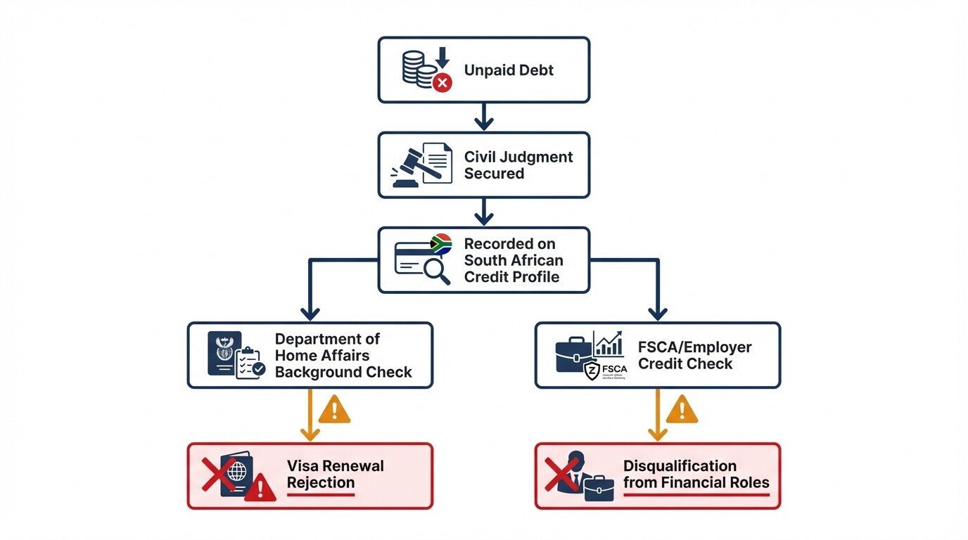 Flowchart showing how civil judgments for unpaid debt lead to South African visa rejections