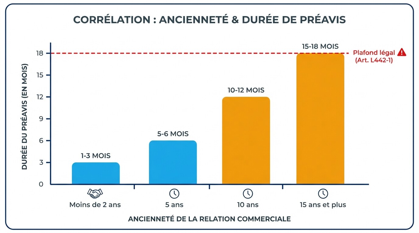 Graphique des durées de préavis recommandées selon l'ancienneté de la relation commerciale