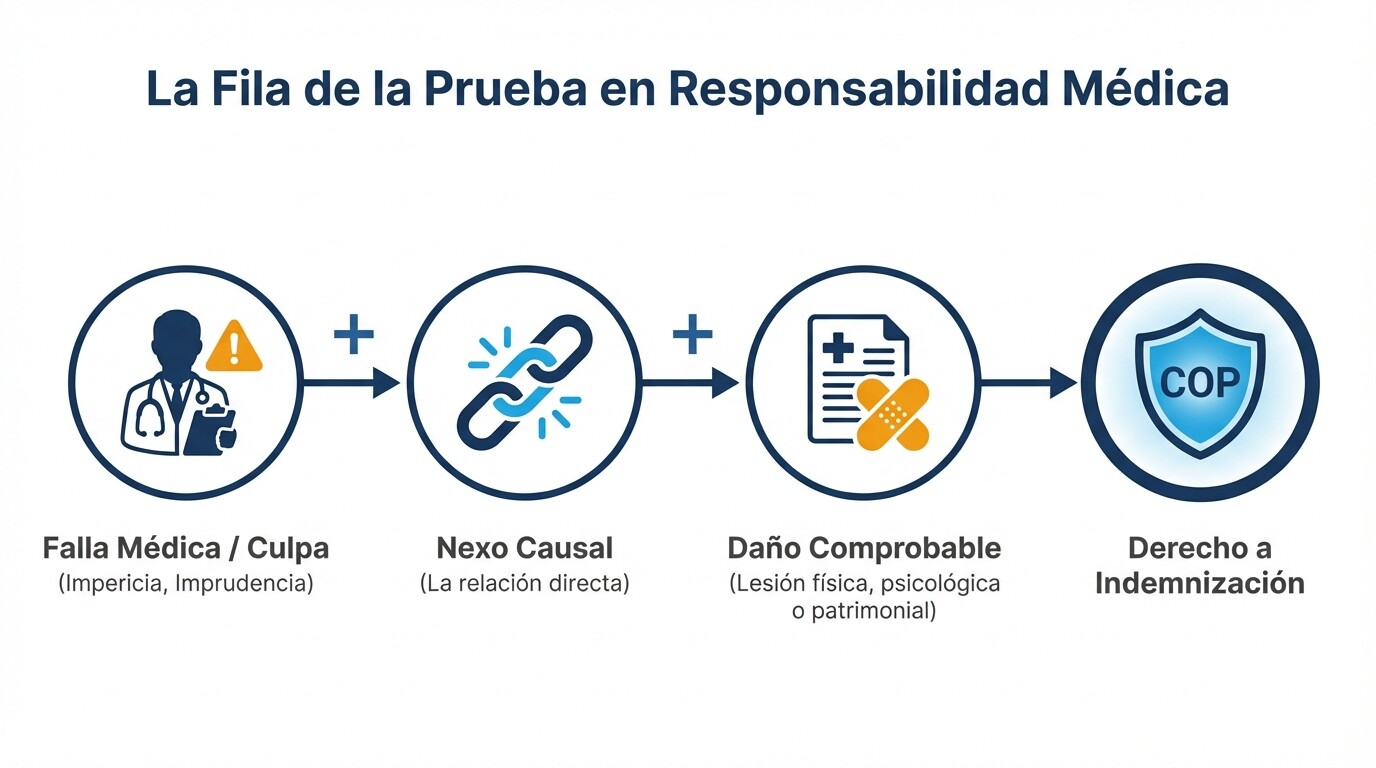 Diagrama que muestra la falla médica, el nexo causal y el daño como elementos para probar negligencia
