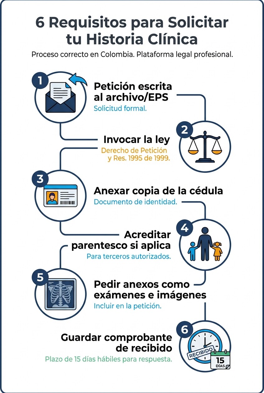 Infografía paso a paso con los requisitos para solicitar la historia clínica médica en Colombia