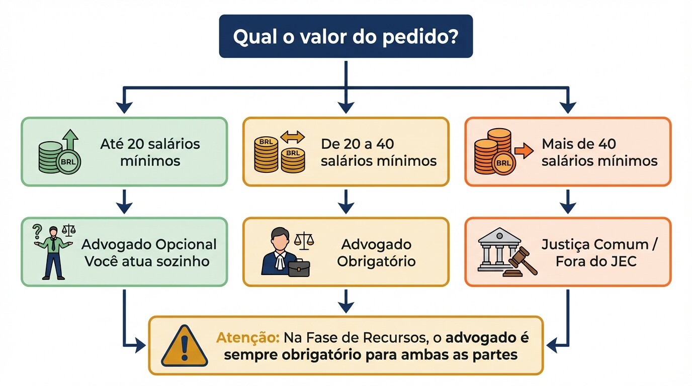 Diagrama de decisão explicando quando é necessário contratar advogado no Juizado Especial Cível.
