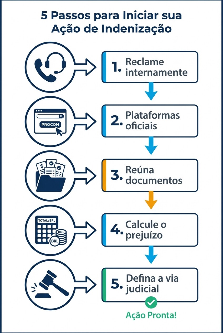Infográfico mostrando os 5 passos para iniciar uma ação de indenização do consumidor no Brasil.