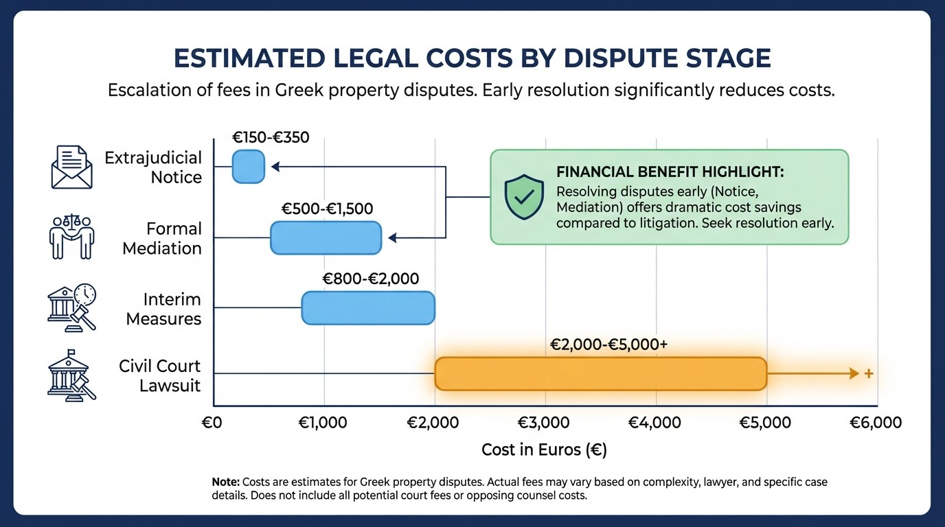 Bar chart comparing estimated legal fees for different real estate dispute stages in Greece