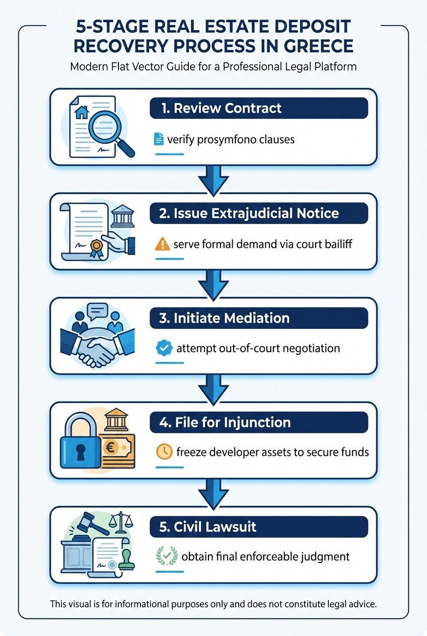 5-step timeline showing the legal process to recover a real estate deposit in Greece