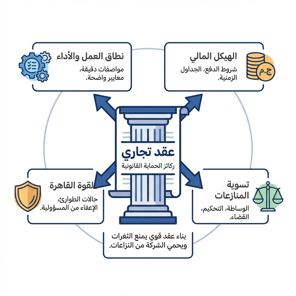 رسم تخطيطي يوضح الشروط القانونية الأربعة الأساسية في العقود التجارية