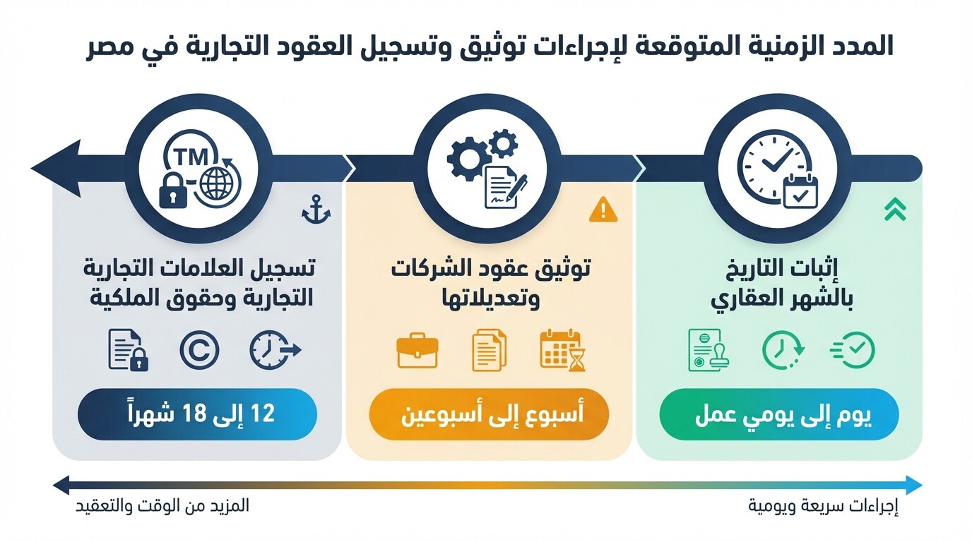 خط زمني يوضح المدة الزمنية المتوقعة لتوثيق وتسجيل العقود التجارية والملكية الفكرية في مصر
