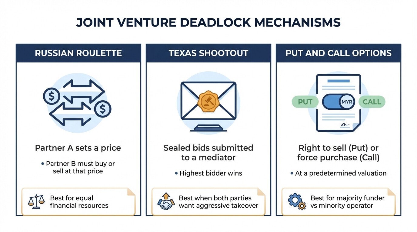 Comparison of Russian Roulette, Texas Shootout, and Put and Call Option deadlock mechanisms