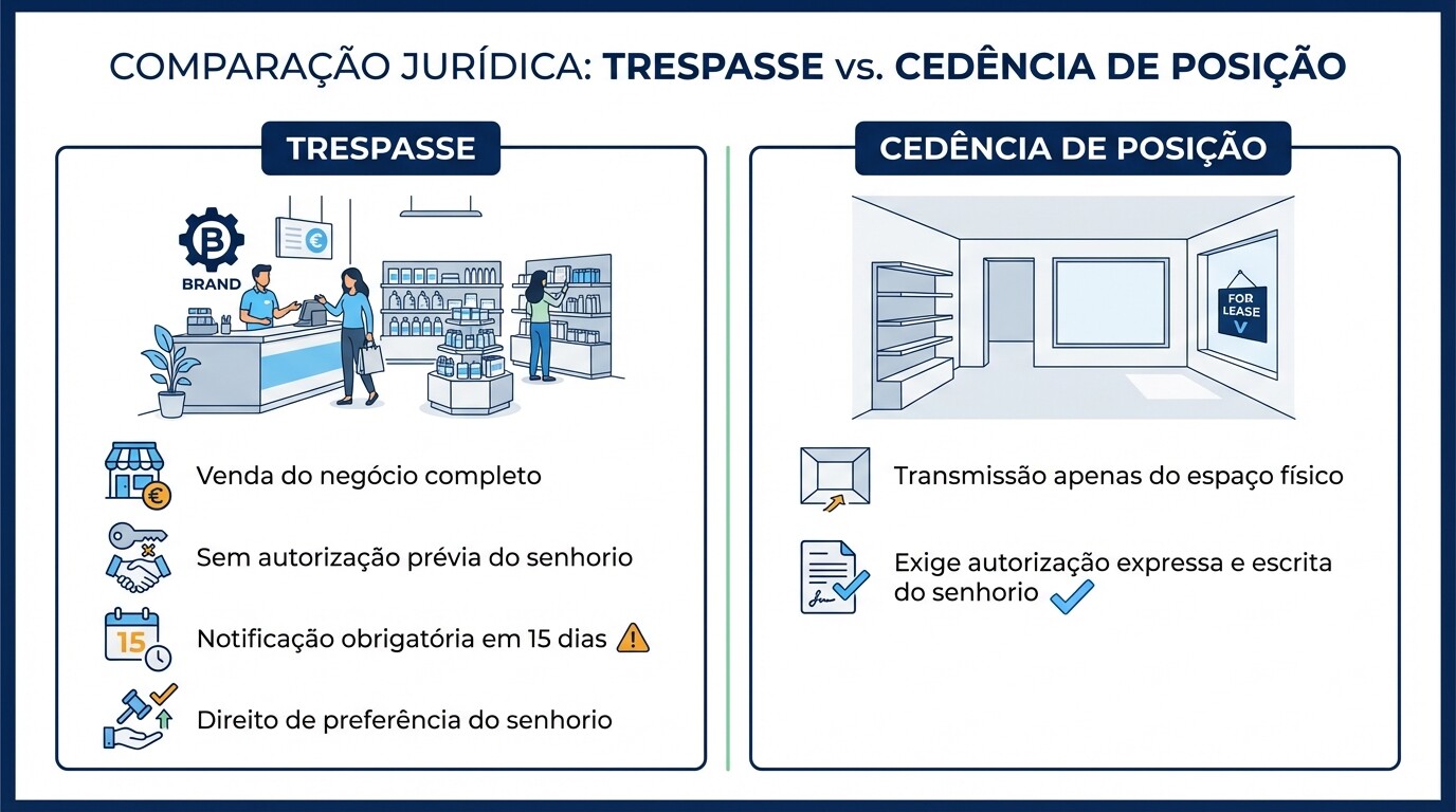 Comparação entre trespasse de negócio e cedência de posição em espaços comerciais