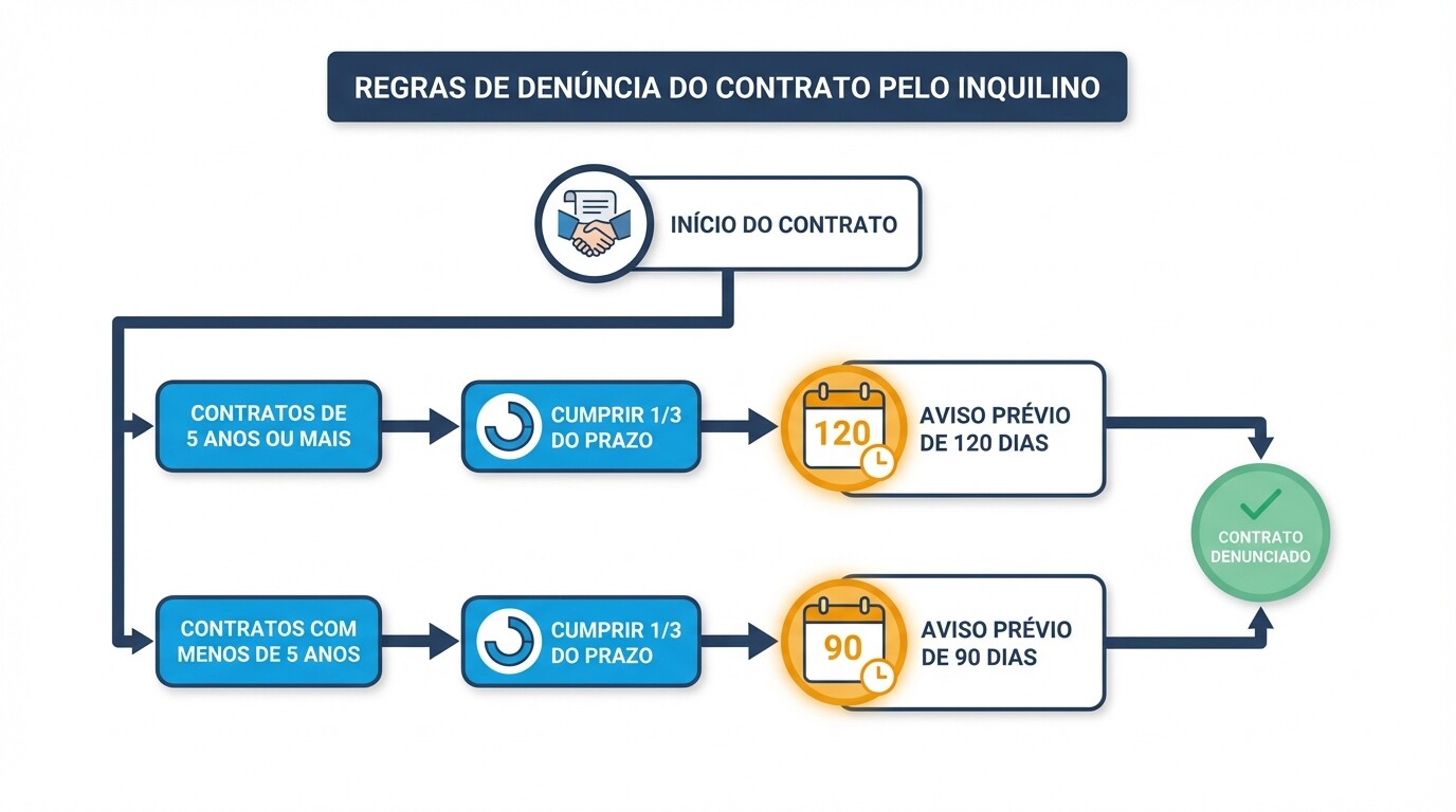 Diagrama de fluxo com os prazos de aviso prévio para denúncia do contrato pelo inquilino