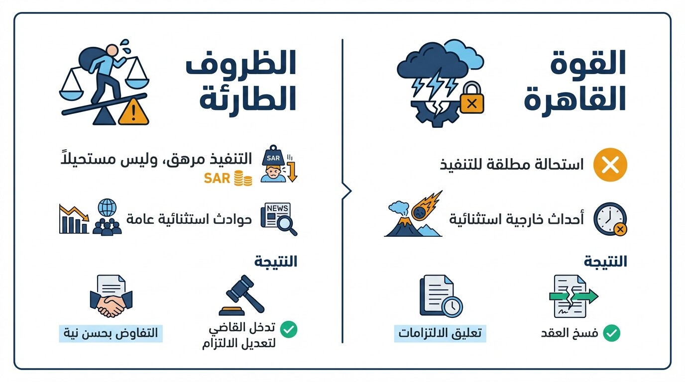 مقارنة توضح الفرق بين القوة القاهرة والظروف الطارئة في العقود التجارية السعودية