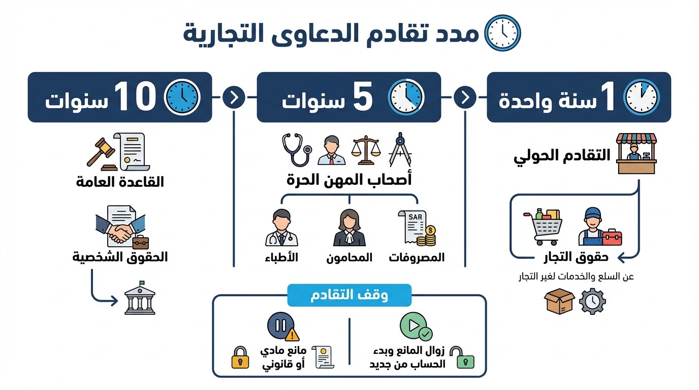 الجدول الزمني لمدد تقادم الدعاوى التجارية وحالات وقف التقادم