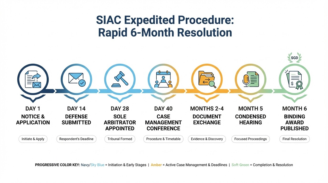 Six-month step-by-step timeline of the SIAC expedited arbitration procedure