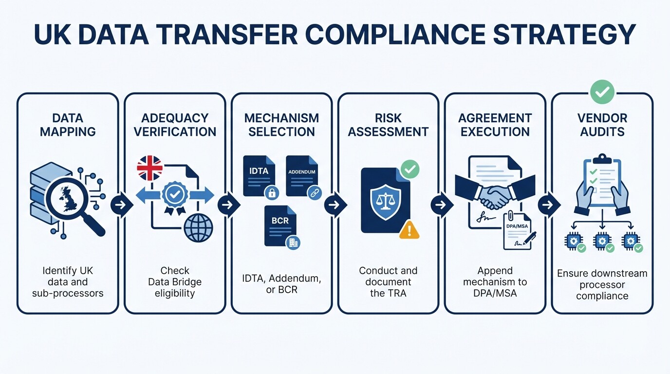 6-step infographic detailing the UK data transfer compliance process from data mapping to vendor audits