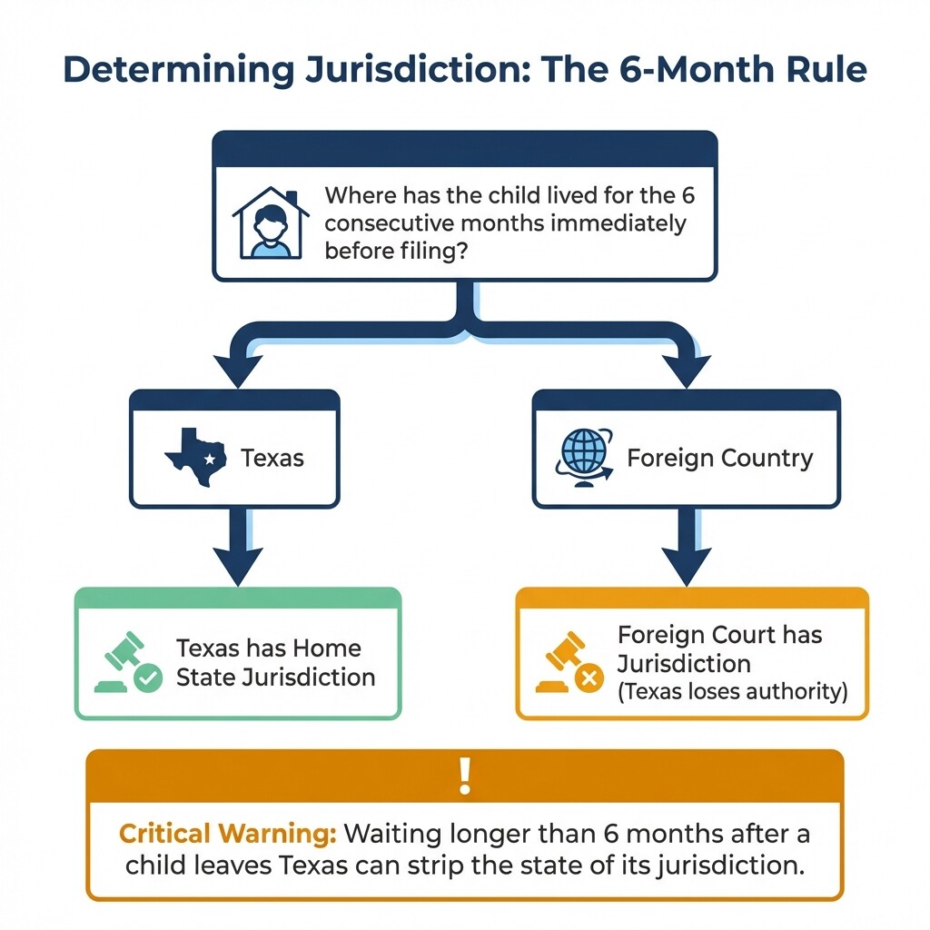 Flowchart showing how the 6-month rule determines Texas child custody jurisdiction under the UCCJEA
