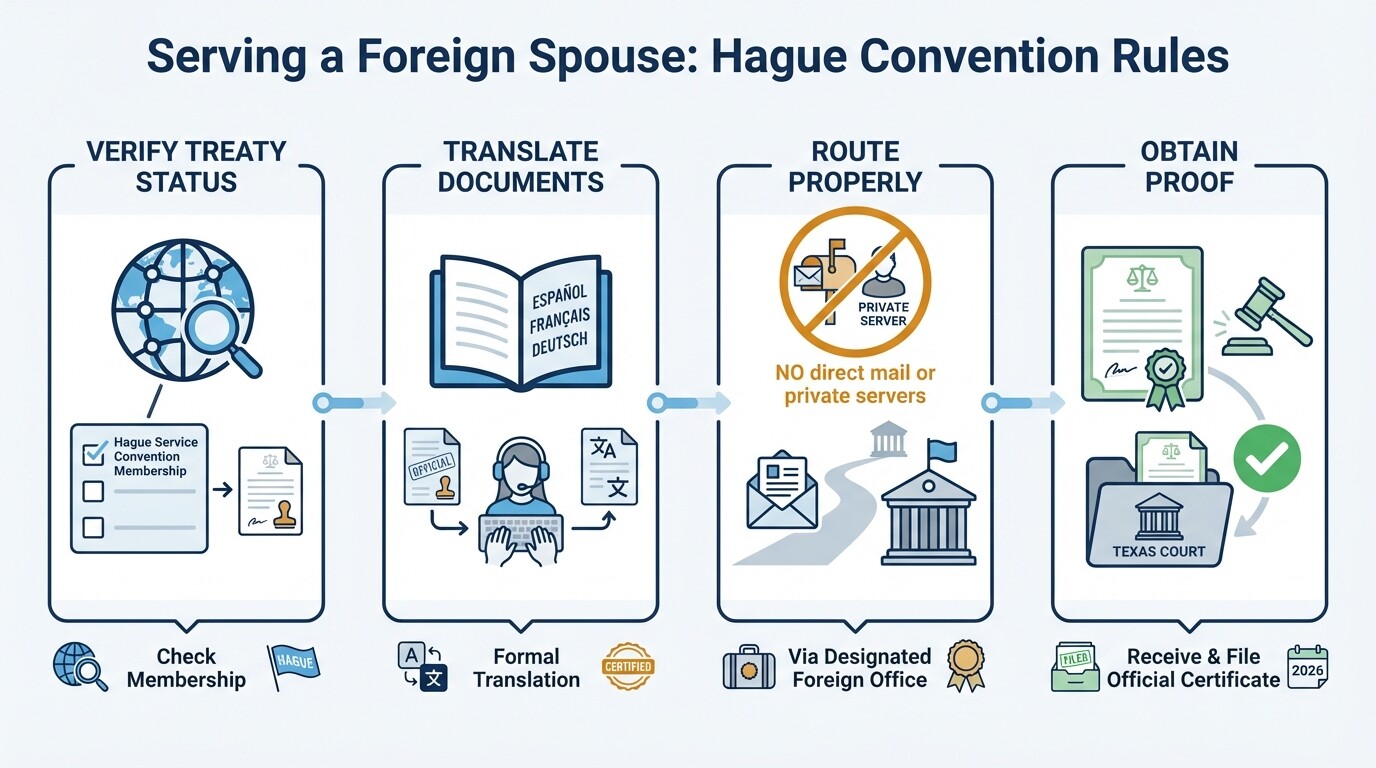 Four-step process for serving legal documents to a foreign spouse in international custody cases