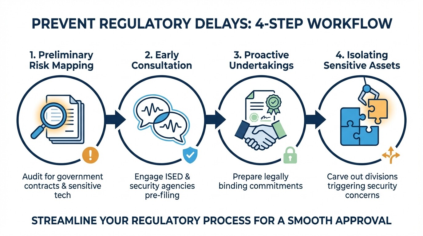 4-step process infographic for preventing M&A regulatory delays in Canada
