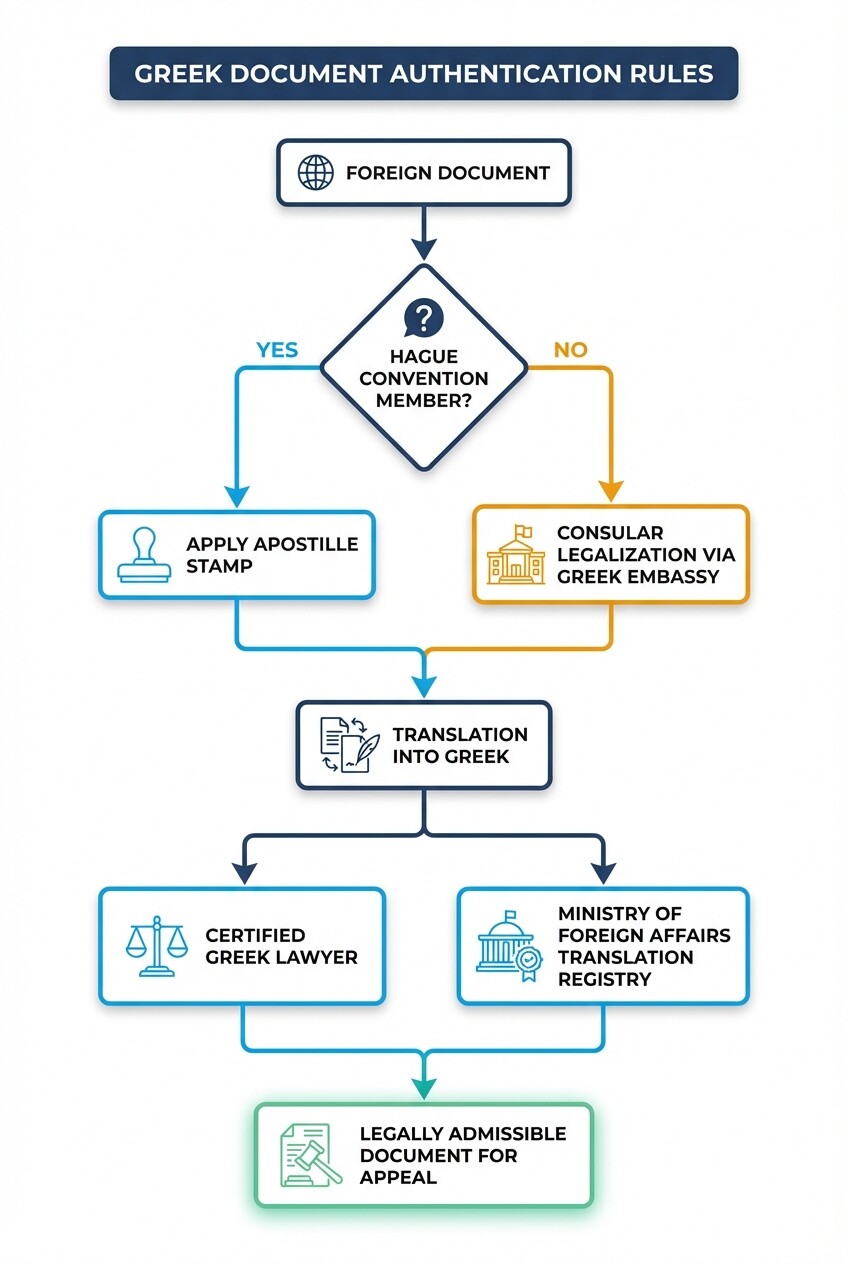 Flowchart detailing the Apostille, legalization, and translation process for foreign documents in Greece