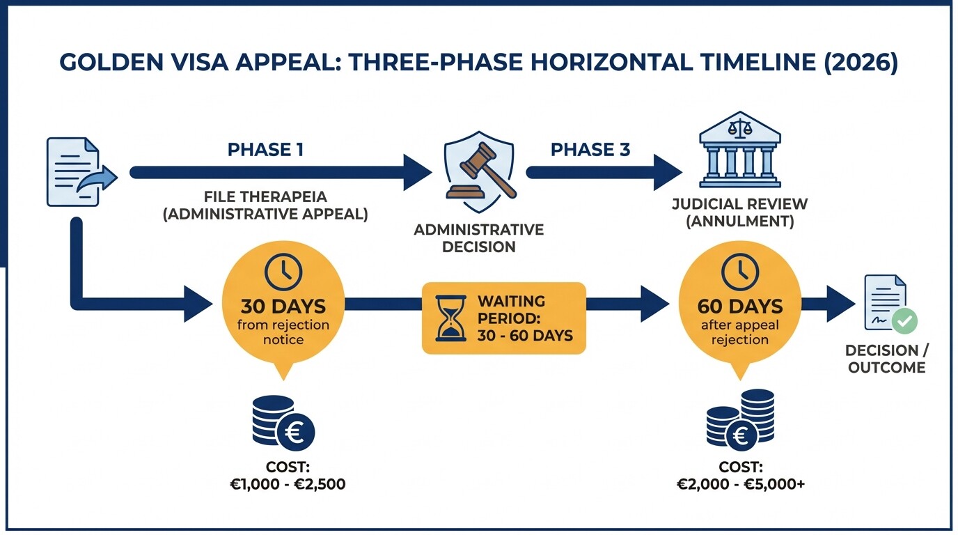 Timeline showing statutory deadlines, processing times, and legal costs for Golden Visa appeals in Greece