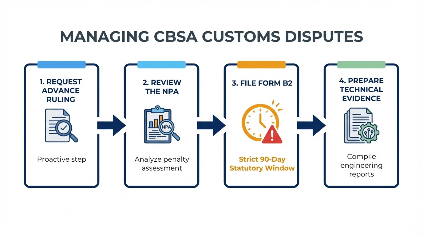 Process diagram detailing the steps to manage CBSA customs disputes and the 90-day deadline