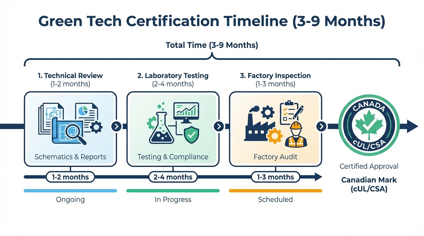 Timeline infographic showing the 3 to 9 month process for Canadian green tech certifications